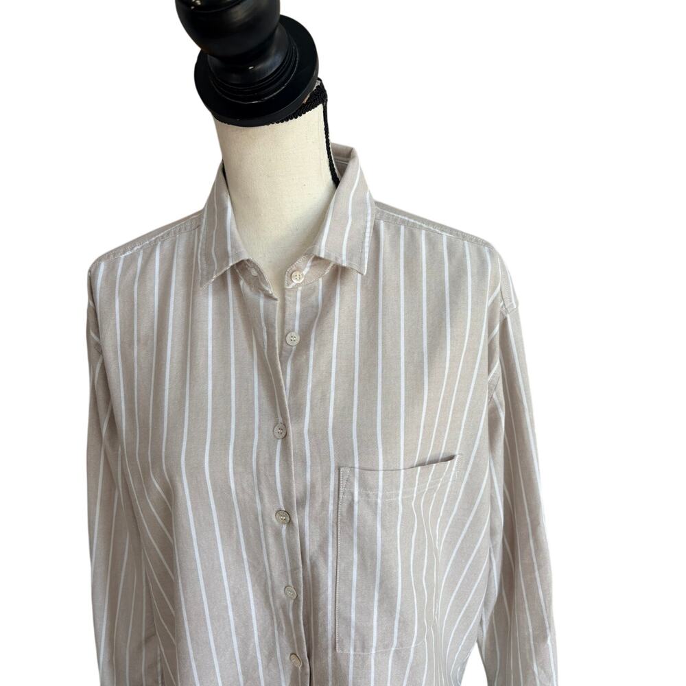 AYR Women's Tan Beige Pinstripe Cotton Oxford Button Down Shirt Oversized M - Picture 3 of 7